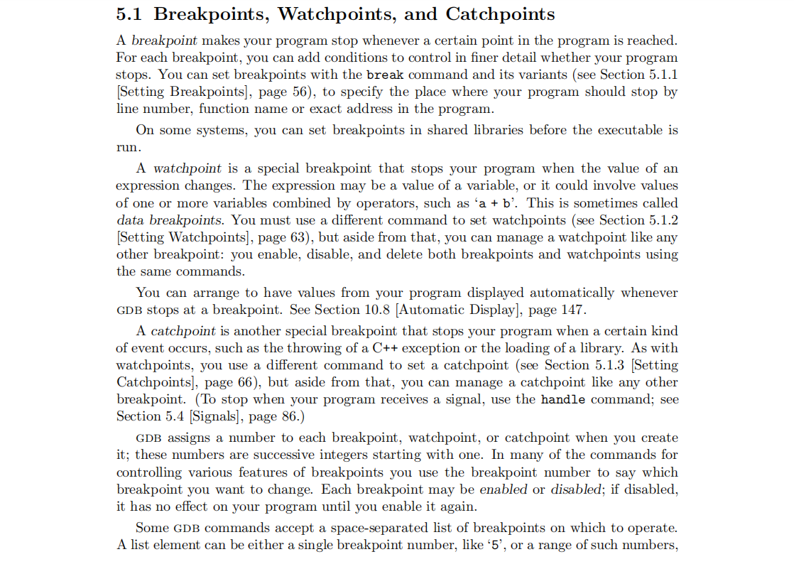 Breakpoints, watchpoints and catchpoints